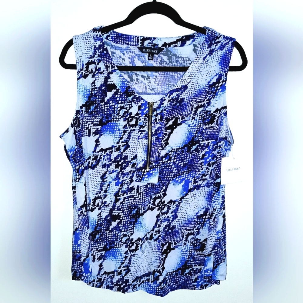Ellen Tracy Blue and White Sleeveless Graphic Top L